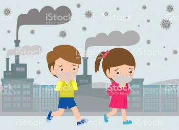 kids-in-masks-because-of-fine-dust-boy-and-girl-wearing-mask-against-vector-id1125802060